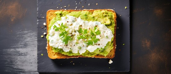 Aufkleber - Vegetarian avocado toast on cornbread with parsley, cream cheese, salt, and pepper for a nutritious meal. Displayed on a slate background with a top view and copy space image.