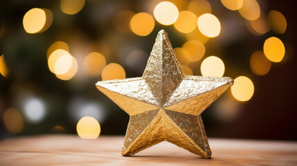 A closeup of a gold star award on a shiny surface, with soft bokeh lights in the background.