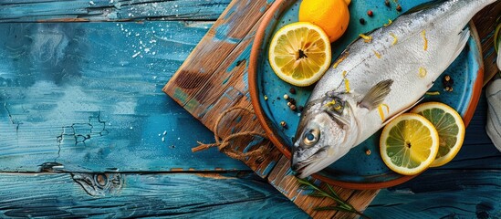 Aufkleber - Raw pike with lemon slices presented on wooden board, placed on blue boards with copy space image.