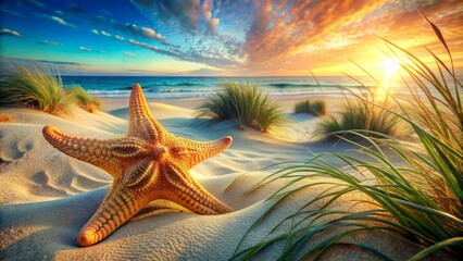 Amazing Close Up Of A Starfish On A Beach With The Ocean In The Background.