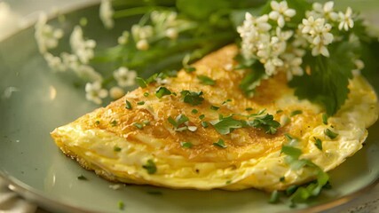 Wall Mural - A savory omelette filled with earthy wild dandelion greens and topped with aromatic elderflower blossoms.