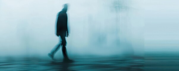 Canvas Print - A man is walking in the rain with a hood over his head. The sky is cloudy and the atmosphere is gloomy. Free copy space for text.
