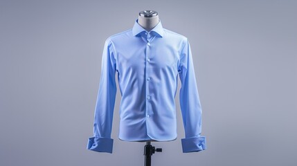 Wall Mural - A crisp men's formal blue shirt with buttoned cuffs displayed on a mannequin against a solid grey background.