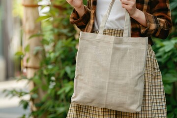 Wall Mural - Eco friendly girl holding empty shopping bag mockup.