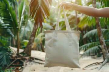 Wall Mural - Mock up design of white canvas tote bag on tropical background.