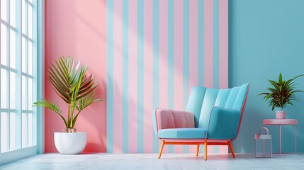 Wall Mural - Abstract minimal concept. Pastel multi color vibrant groovy retro striped background wall frame with bright armchair decor. Mock up template for product presentation. copy space.