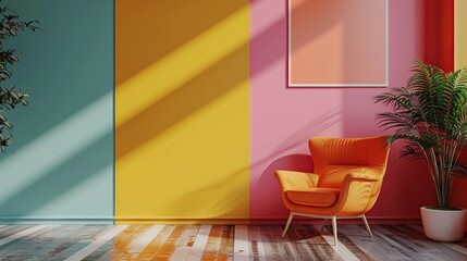 Wall Mural - Abstract minimal concept. Pastel multi color vibrant groovy retro striped background wall frame with bright armchair decor. Mock up template for product presentation. copy space.