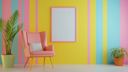 Wall Mural - Abstract minimal concept. Pastel multi color vibrant groovy retro striped background wall frame with bright armchair decor. Mock up template for product presentation. copy space.