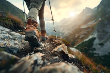 Hiking Woman with Trekking Poles Climbs Steep Mountain Trail Surrounded by Majestic Peaks and Vistas