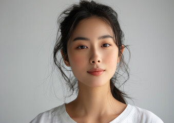 Wall Mural - Beautiful portrait of young Asian woman with natural beauty and fresh clean skin without makeup on clear background for facial treatment, beauty and spa