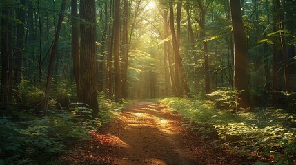 Sunbeams Through Trees Forest Path