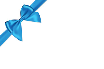 Fototapete - Blue bow and ribbon realistic shiny satin with shadow place on corner of paper for decorate your gift card or website vector EPS10 isolated on white background.