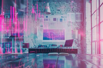 Poster - Stock market concept with double exposure of financial graph drawing and office interior background.