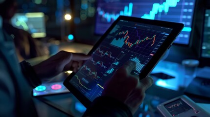 Stock analysts are deeply focused on evaluating the financial market, surrounded by screens, control panels, and graphs.