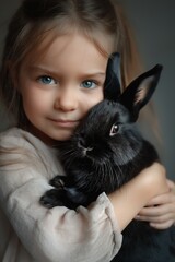 Wall Mural - A pretty young girl lovingly holds her fluffy pet rabbit in a heartwarming portrait at home.