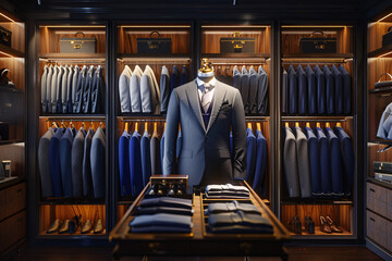 A modern indoor store selling men's suits, with a focus on professional attire. The atmosphere is sophisticated and elegant, with a touch of luxury....
