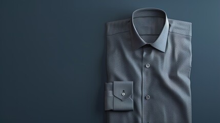 Wall Mural - A grey men's dress shirt with cufflinks set against a solid dark blue background.