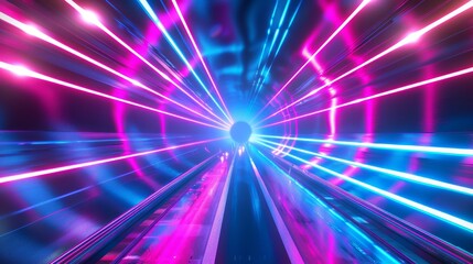 Wall Mural - a cosmic hyperspace background showing speed of light, neon glowing abstract rays, and stars in moti