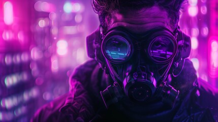 Poster - Fashion cyberpunk girl with leather hoodie jacket, gas mask, protective glasses and filters. Colorful 3D render of human skull with cross in eyes, glowing green wires on city night light bokeh.