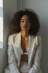 Multiracial woman in white suit top, with natural lighting, casual pose