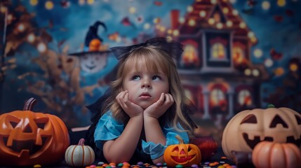 A cheerful banner with children in costumes on the background of a decorated house with pumpkins