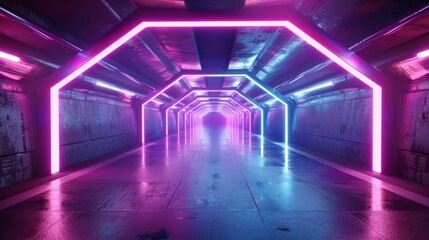 Poster - modern futuristic alien reflective concrete tunnel empty room with purple and blue neon glowing ligh