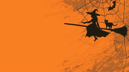 Wall Mural - Minimalistic Halloween banner with silhouettes of a witch on a broom, a black cat and a spider web, bright orange and black color, empty copy space for text
