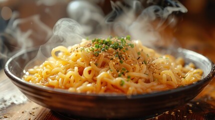 Wall Mural - Bowl of Steaming Noodles with Sesame Seeds and Green Onions