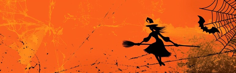 Wall Mural - Minimalistic Halloween banner with silhouettes of a witch on a broom, a black cat and a spider web, bright orange and black color, empty copy space for text