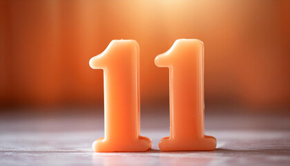 orange plastic number 11 for banner or poster. 3d rendering. orange backdrop. close-up.