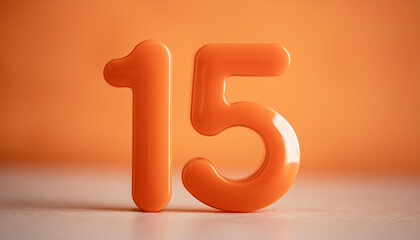 Fototapete - Orange plastic number 15 for banner or poster. 3D rendering. Orange backdrop. Close-up.