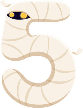 Halloween font number 5 as mummy monster for horror alphabet, vector cartoon type character. Halloween holiday ABC font and spooky typeface of number Five in shape of creepy mummy zombie
