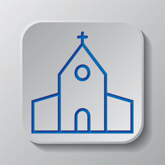 Church simple icon. Flat design. Paper cut design. Cutted blue symbol with shadow. Gray badge button, gray background