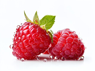 Close up of fresh red raspberries with water droplets on white background