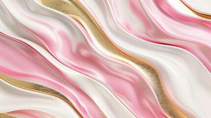3D rendering of a pink and white background with golden waves. An abstract wavy design in liquid shapes for a modern luxury wallpaper or web banner. A shiny glossy cloth texture with pink, gold, and w