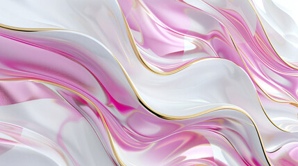 Poster - 3D rendering of a pink and white background with golden waves. An abstract wavy design in liquid shapes for a modern luxury wallpaper or web banner. A shiny glossy cloth texture with pink, gold, and w