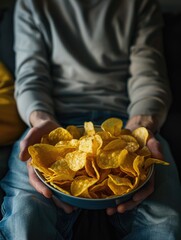 Wall Mural - a person is holding a bowl of chips in their hands. the bowl is filled with yellow chips, and the pe