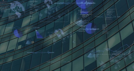 Poster - Image of data processing and spinning globes against tall building