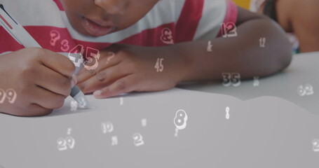Poster - Image of numbers over african american schoolboy writing