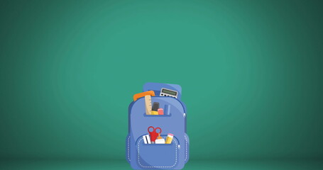 Canvas Print - Image of multiple school concept icons falling inside a school bag icon against green background