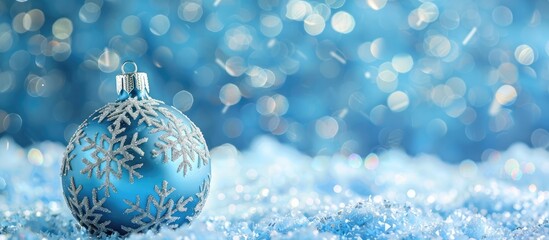 Wall Mural - A festive Christmas ball with snowflakes set against a unique blue backdrop, perfect for a Happy New Year's greeting card with copy space image.