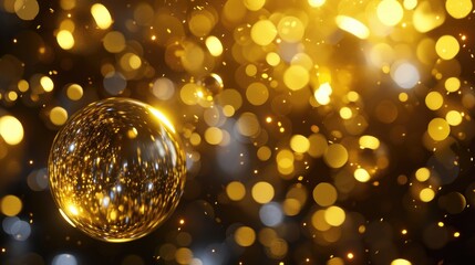 Wall Mural - A gold and black background with a shiny, round object in the center. The background is filled with bright, sparkling lights that create a festive and celebratory mood