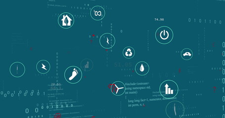 Poster - Image of multiple digital icons, symbols and data processing against blue background