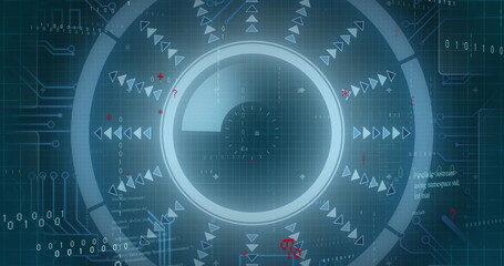 Poster - Image of round scanner and microprocessor connections against blue background