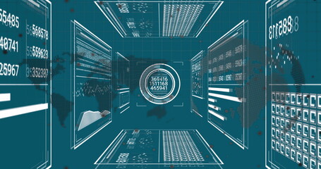 Poster - Image of data processing over globe and world map on blue background