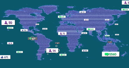 Poster - Image of changing numbers and icons in message boxes over map against blue background