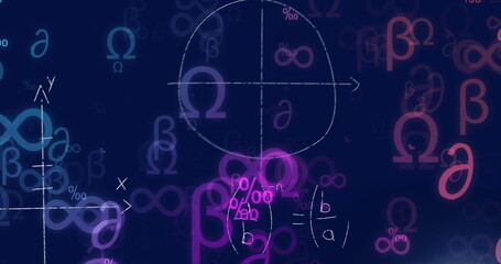 Poster - Image of mathematical equations, symbols and diagrams over lens flares on black background