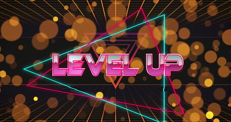 Poster - Image of level up text and triangles over grid and lens flares