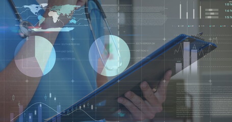 Poster - Image of data processing over caucasian female doctor with clipboard