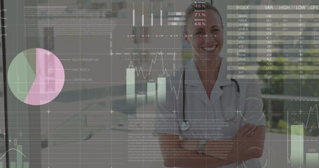 Poster - Image of data processing over happy caucasian female doctor